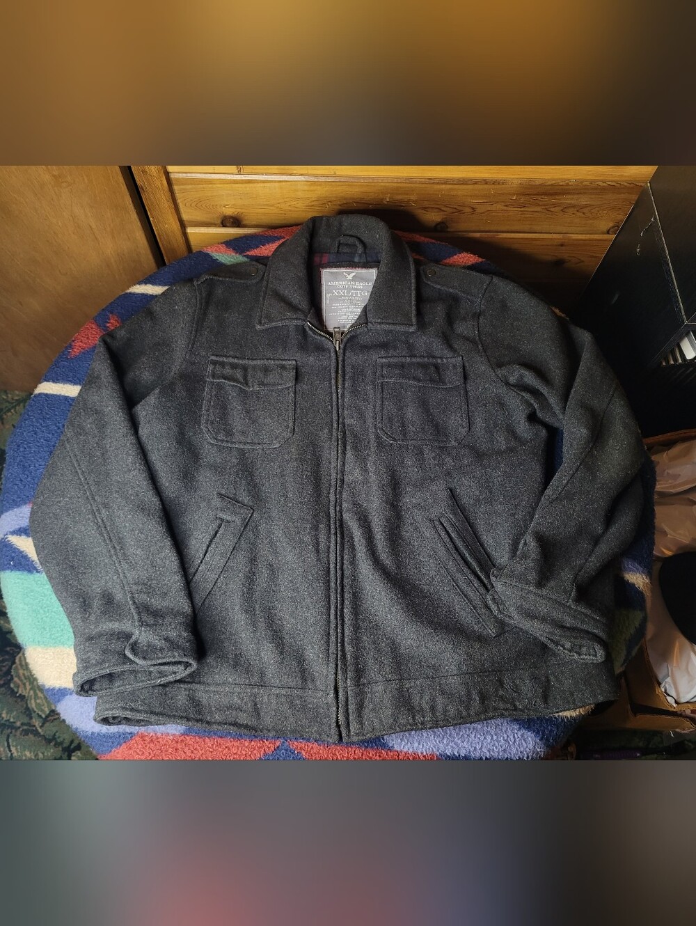 American Eagle Wool Jacket Mens XXL Gray Flannel Lined Full Zip Coat Heavy